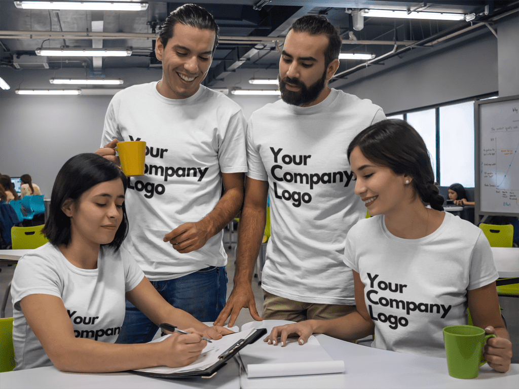 group of four coworkers talking while wearing different tshirts mockup a15650 - 20+ Best Corporate Swag Bag Ideas for Companies in India - 2025 Team wearing company swag in a meeting. Blinkstore swag bags.
