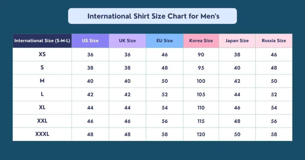 international shirt size chart men