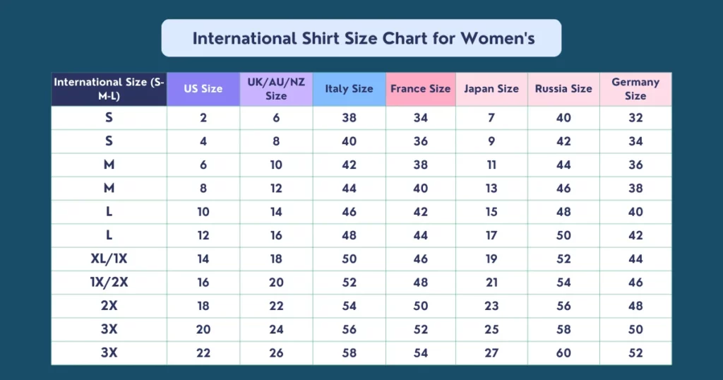 international shirt size chart women