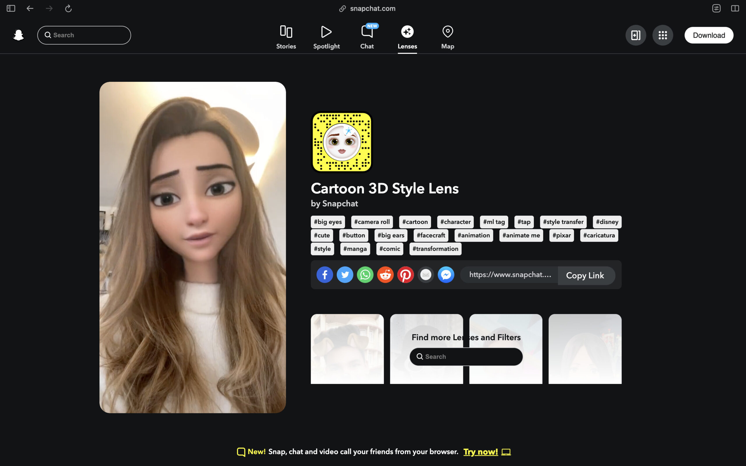 Send a Snap with the cartoon face lens 3D Style
