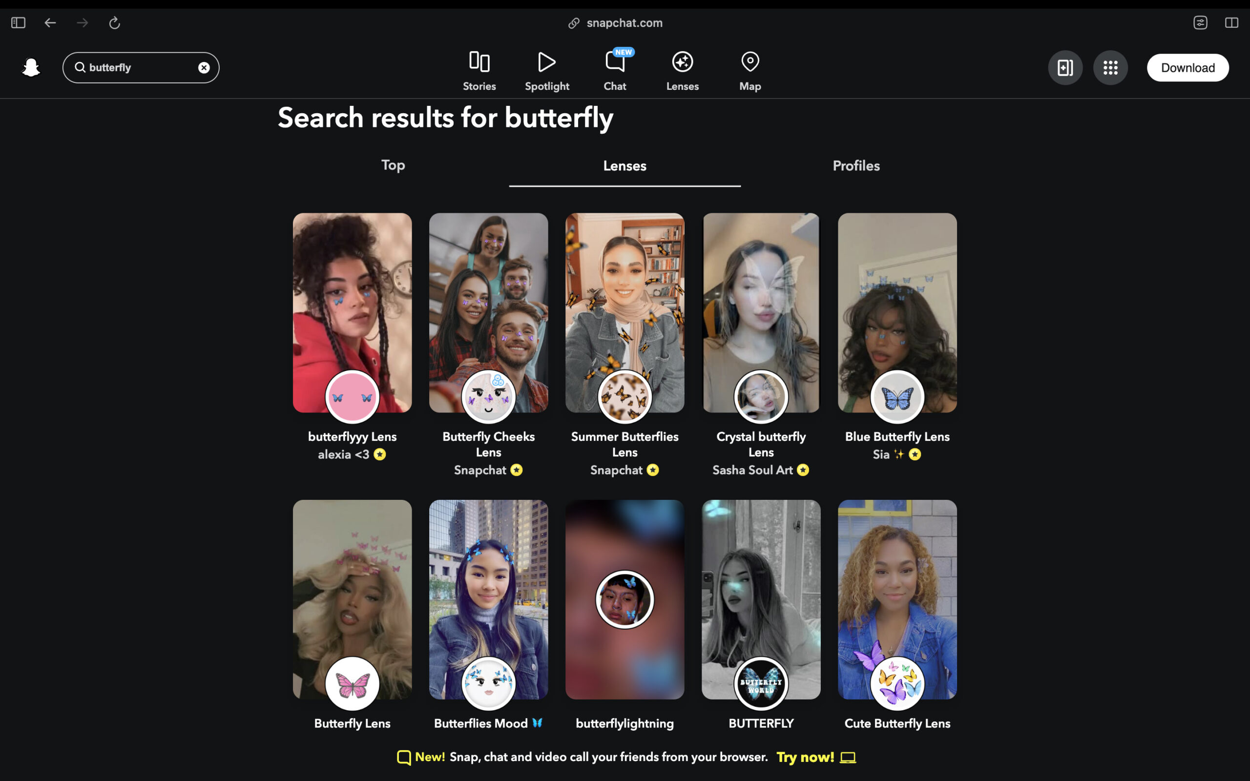 Do a manual search and Unlock the Butterflies Lens on Snapchat