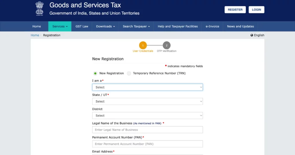 visit gst website for registration