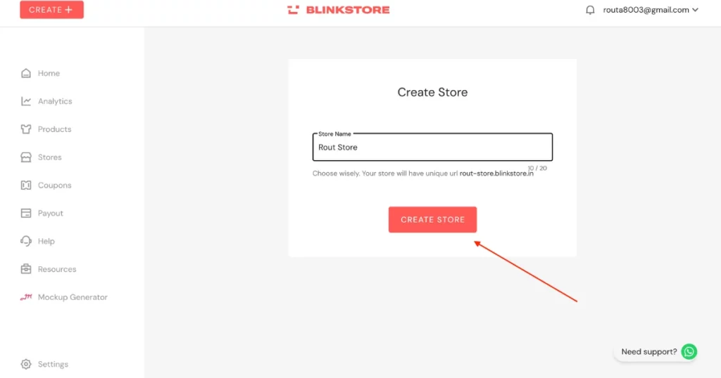 name your store and click create store