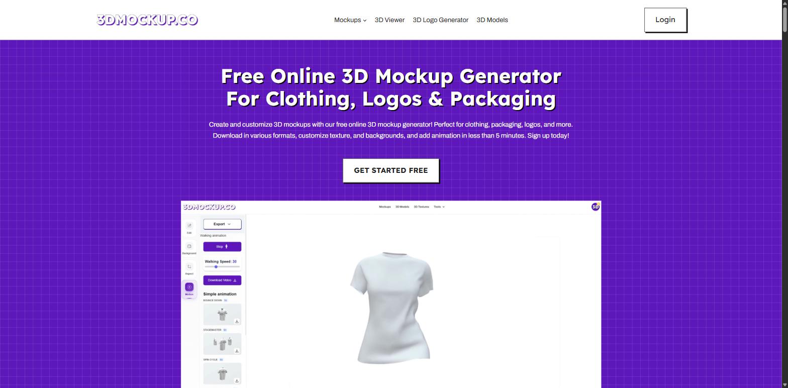 3dmockup.co 3D mockup editor showing a t-shirt with a motion animation panel