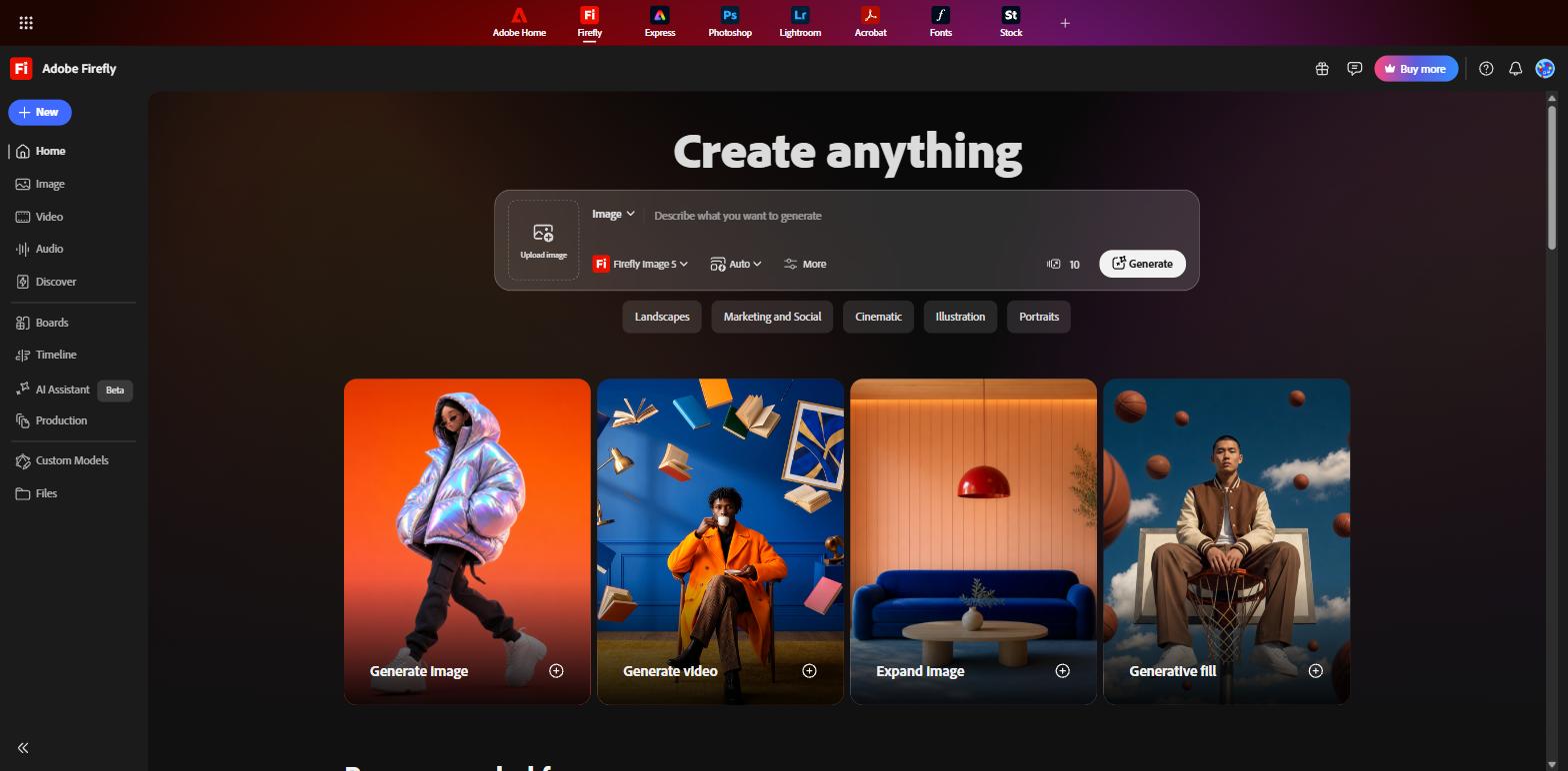 Adobe Firefly workspace with image, video and audio generation tools
