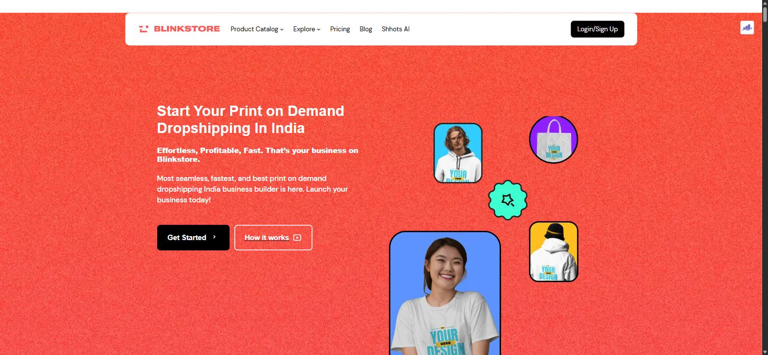 Blinkstore homepage for print on demand dropshipping in India