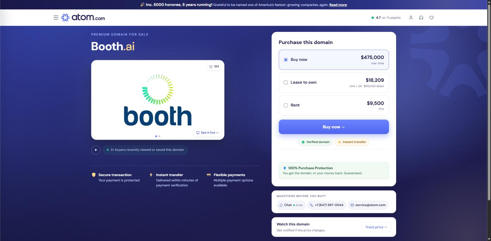 Booth.ai now redirects to Atom.com where the domain is listed for sale