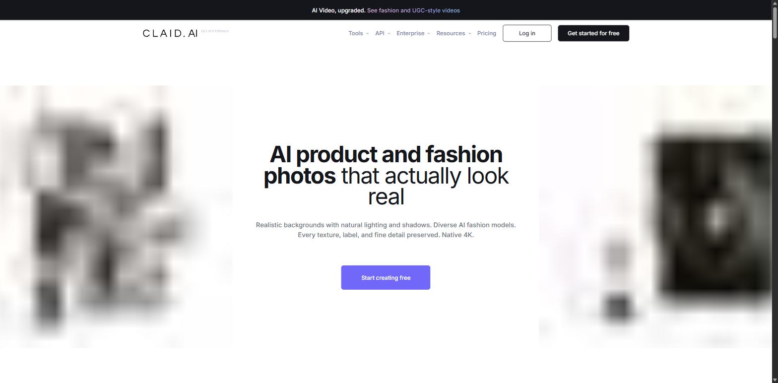 Claid.ai homepage offering AI product and fashion photos at 4K