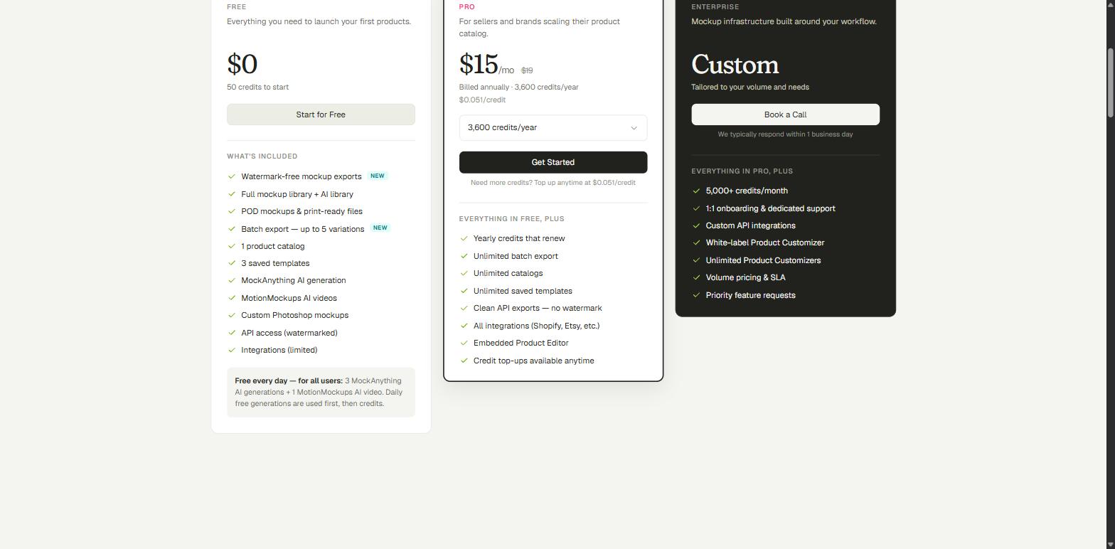 Dynamic Mockups pricing showing a free plan with 50 credits and Pro at $15 a month