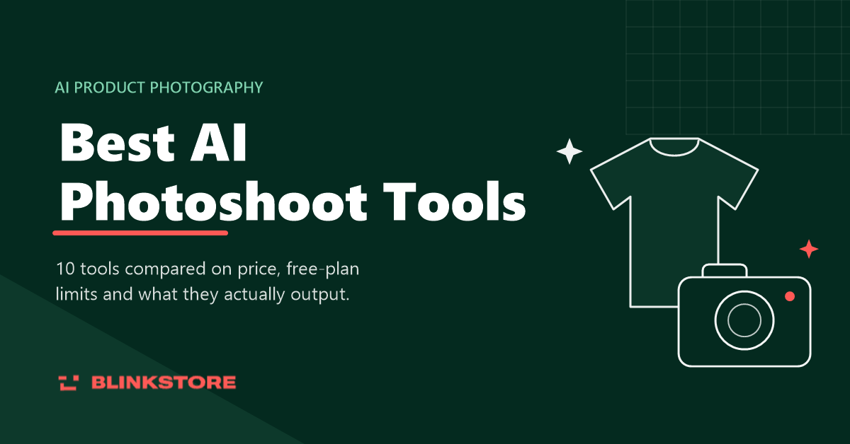Blinkstore feature image for best AI photoshoot tools, line-art t-shirt and camera on dark green