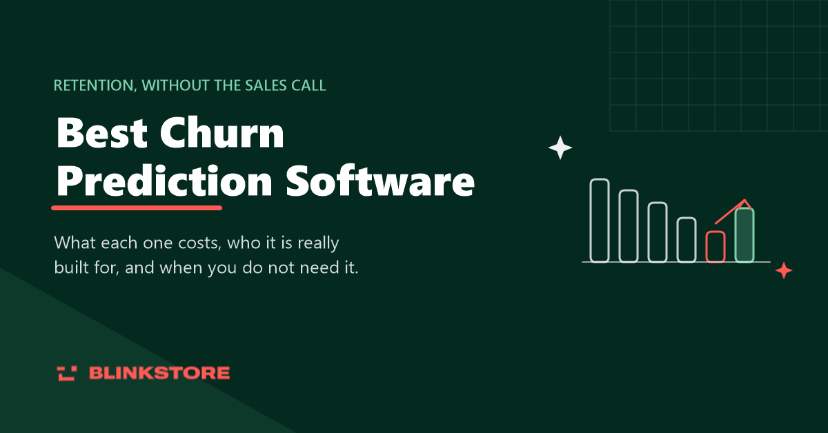 Blinkstore feature image for best churn prediction software, a line-art bar chart falling then recovering