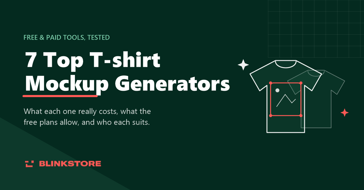 Blinkstore feature image for top t-shirt mockup generators, two line-art tees with a design frame