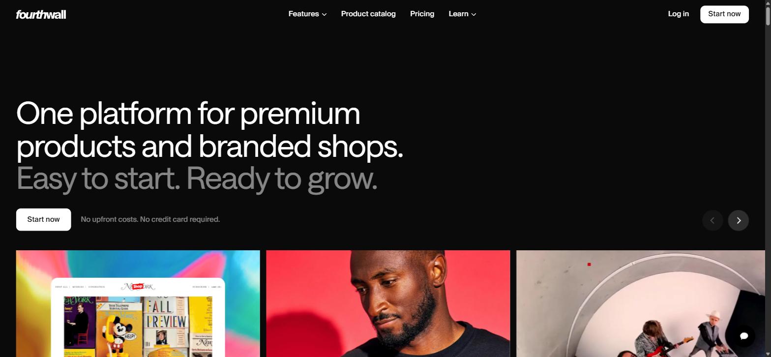 Fourthwall homepage offering branded shops and custom products with no upfront costs