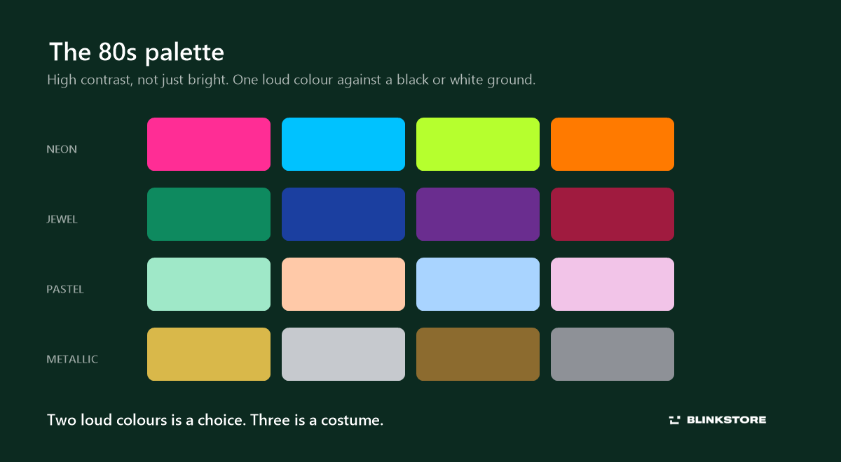 1980s fashion colour palette neon jewel pastel and metallic swatches