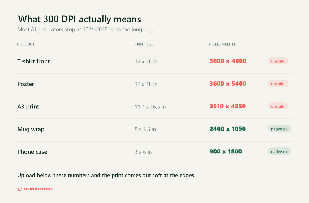 Print resolution needed for AI art at 300 DPI by product size