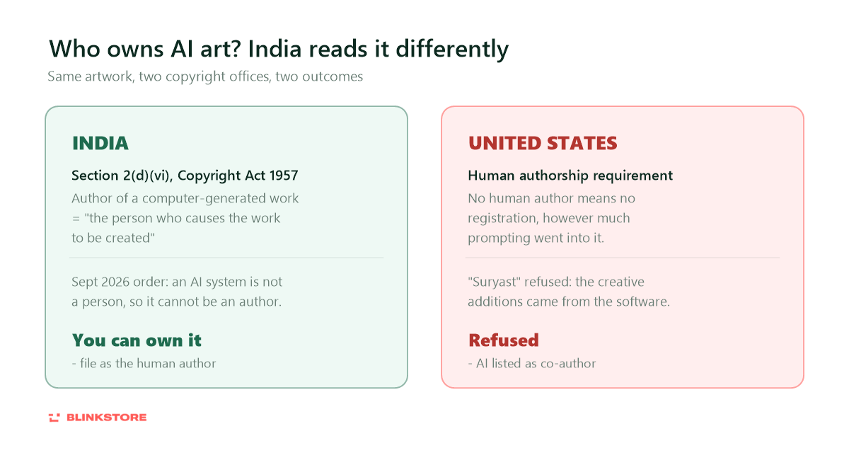 AI art copyright in India versus the United States compared