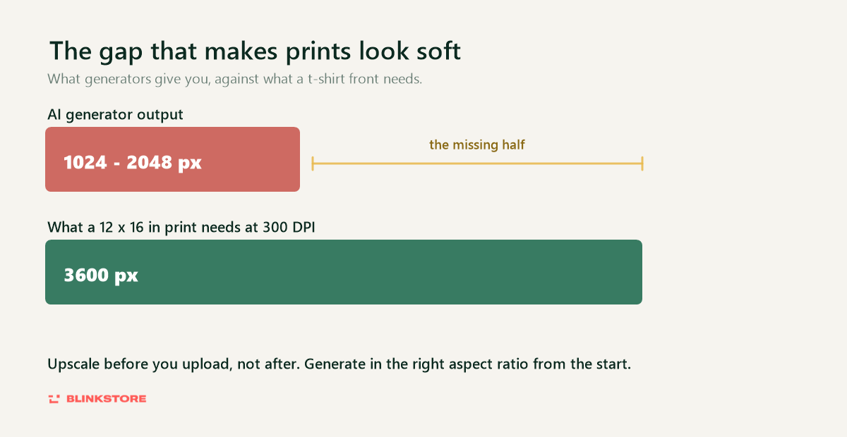 AI generator output of 1024 to 2048 pixels compared with the 3600 pixels a t-shirt print needs at 300 DPI