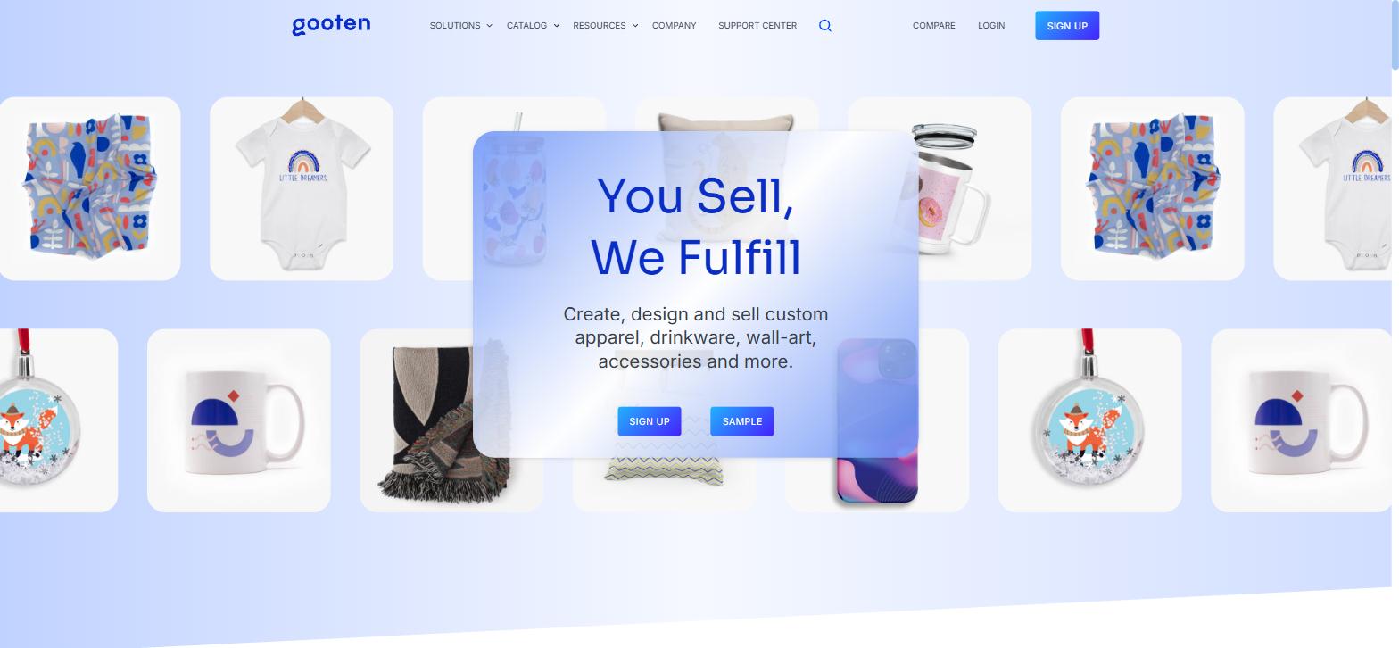 Gooten homepage offering 525+ print on demand products through a managed fulfilment network
