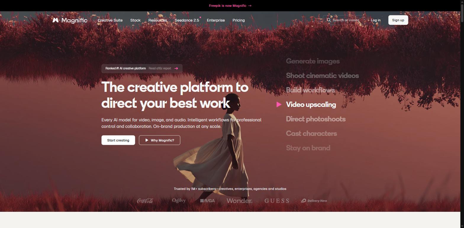 Magnific homepage with a banner reading Freepik is now Magnific