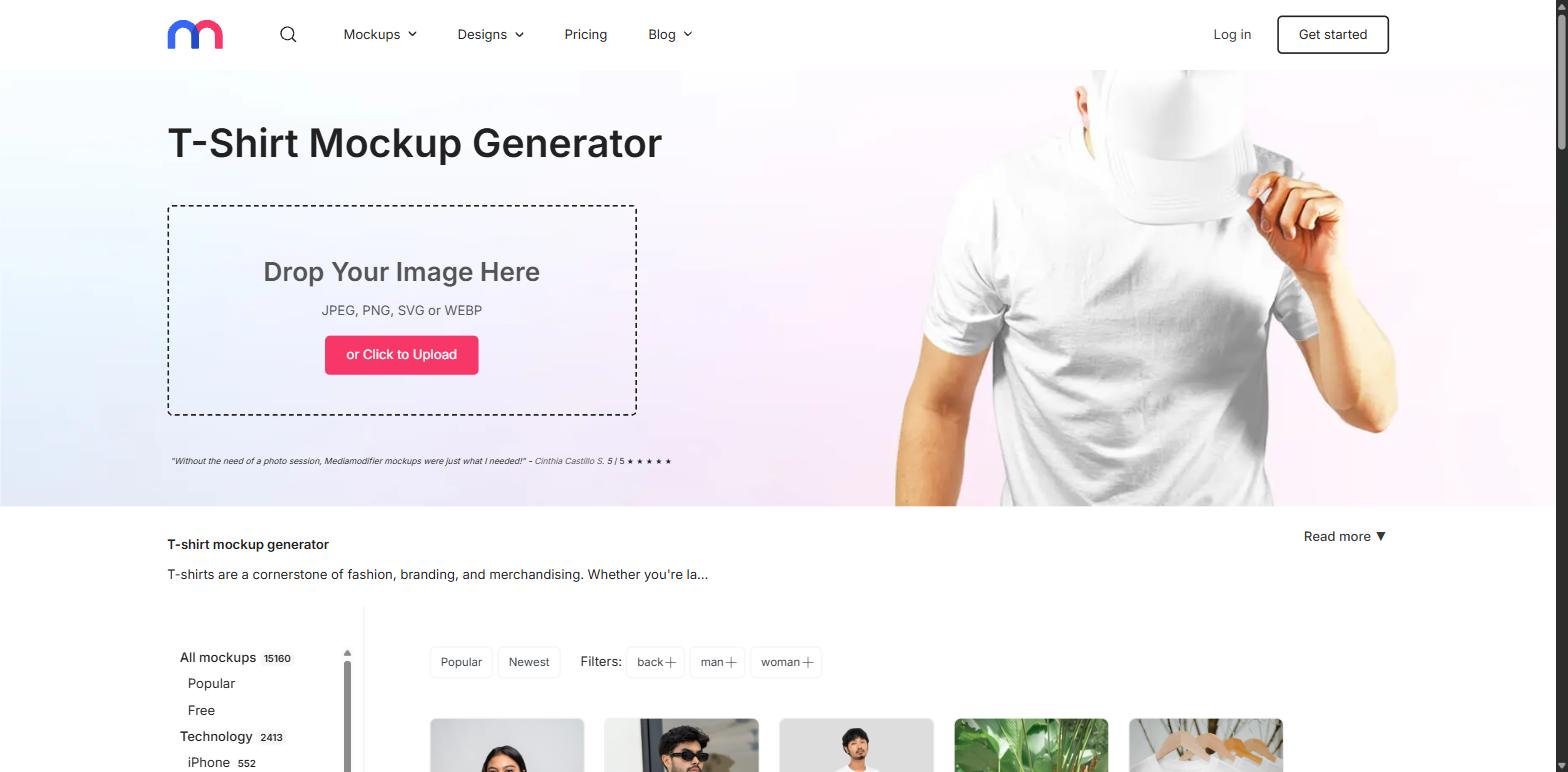 Mediamodifier t-shirt mockup generator with a drag and drop upload box