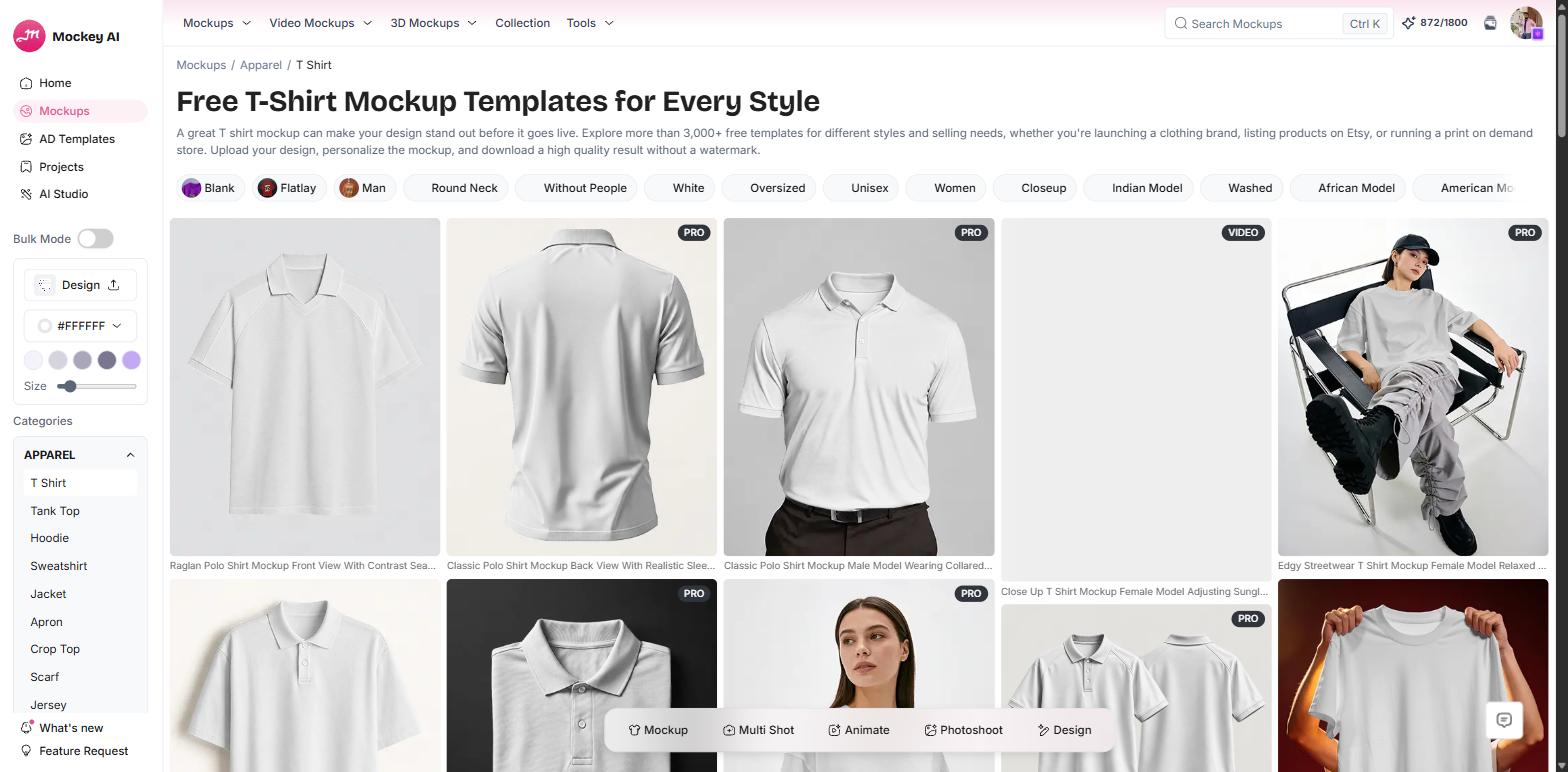 Mockey AI t-shirt mockup library with filter chips and a grid of templates