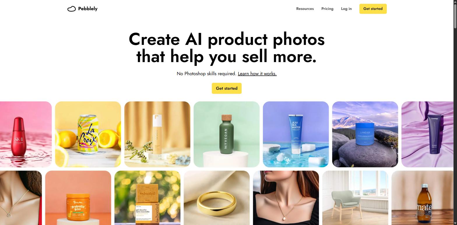 Pebblely homepage showing a grid of AI-generated product photos