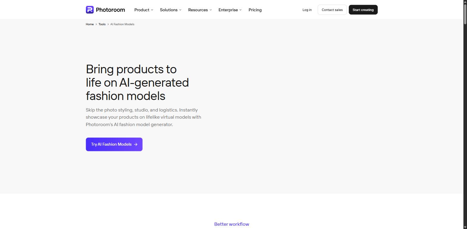 Photoroom AI Fashion Models page