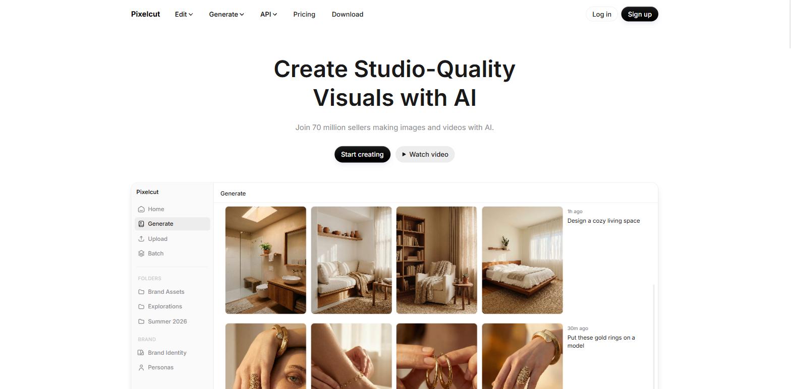 Pixelcut homepage showing its AI generate workspace
