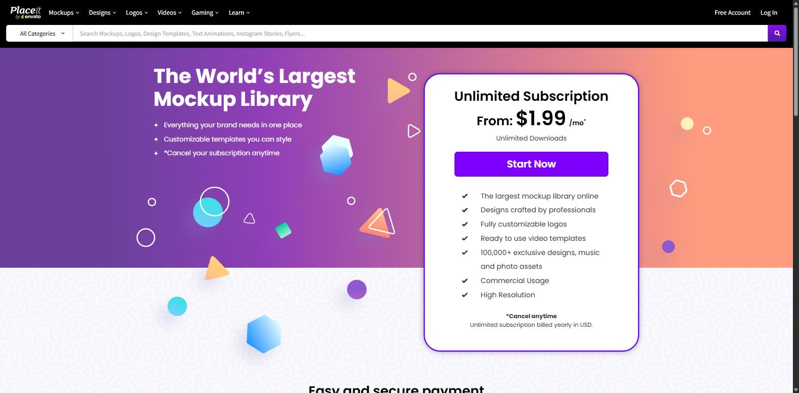 Placeit pricing page showing an unlimited subscription from $1.99 a month billed yearly