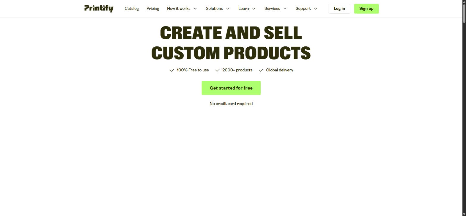 Printify homepage showing a free plan, 2000+ products and global delivery