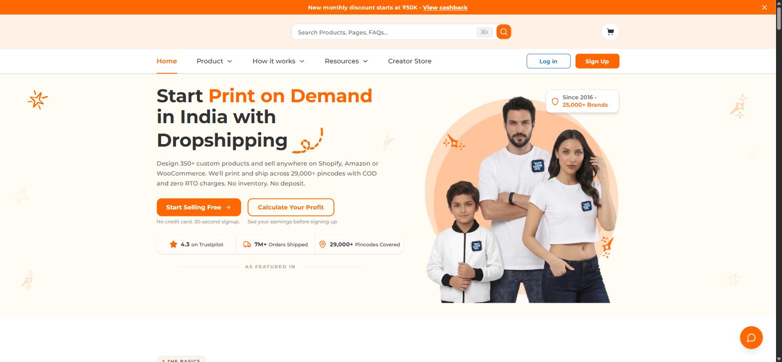 Qikink homepage showing print on demand dropshipping in India with COD and zero RTO charges